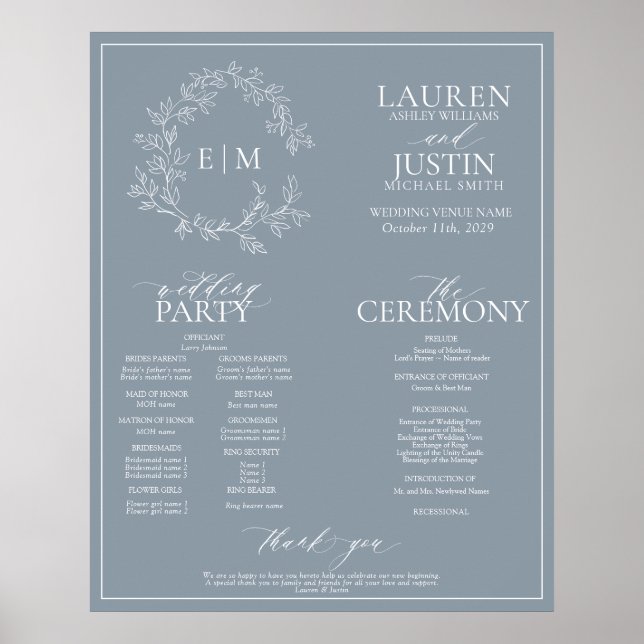 Poster Programa Casamento Dusty Blue Leafy Crest Monogram (Frente)