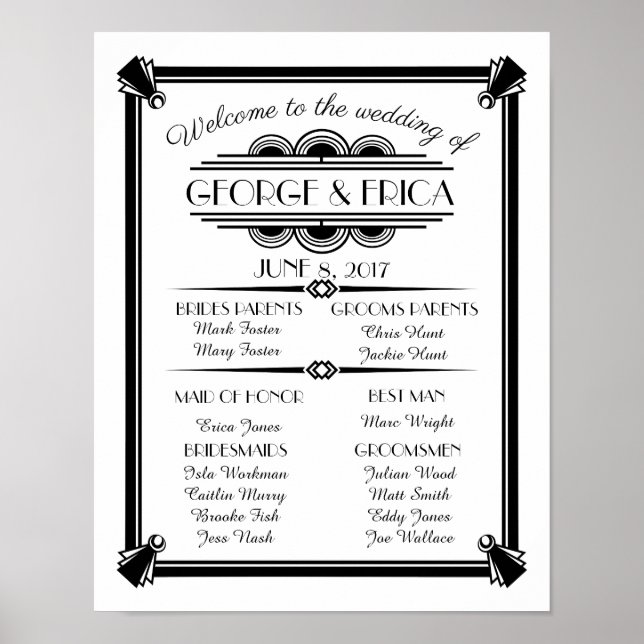 Pôster Programa de casamento Art Deco, prata festa de cas (Frente)