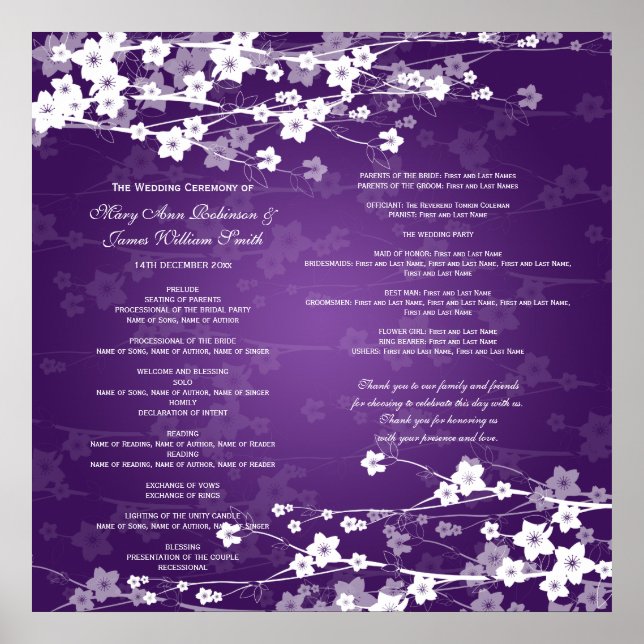 Poster Programa de Casamento Cereja Blossom Roxo (Frente)