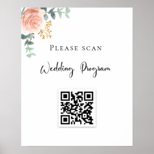 Poster Programa de casamento Código QR blush floral eucal