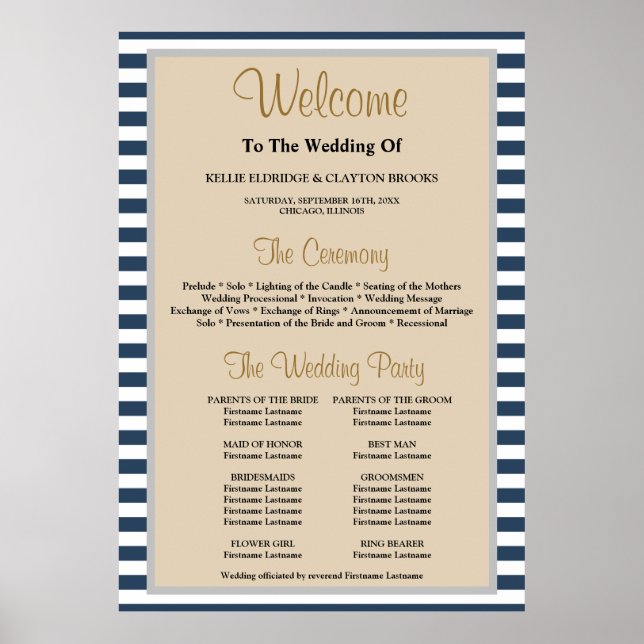 Poster Programa de Casamento com Quadros de Stripes Azuis (Frente)