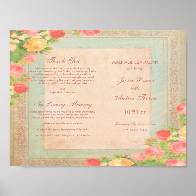 Pôster Programa de Casamento Elegantes Rosas Vintage (Frente)