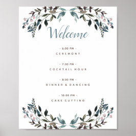 Poster Programa de Casamento Floral Azul Branco Crest