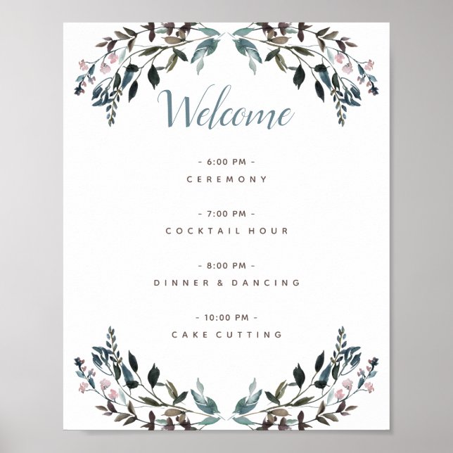 Poster Programa de Casamento Floral Azul Branco Crest (Frente)