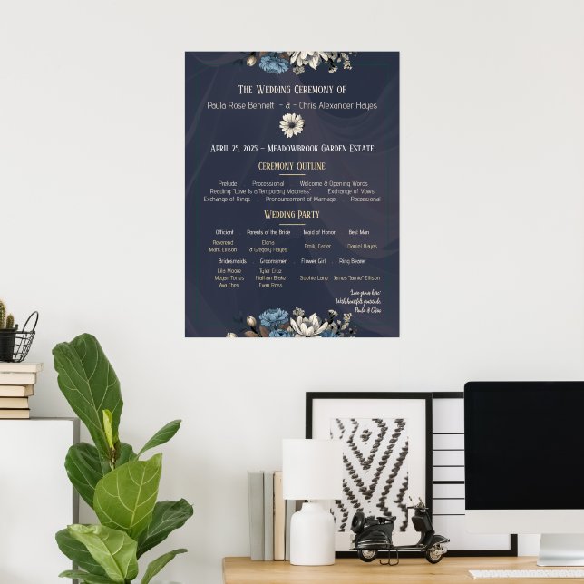 Poster Programa de Casamento Floral Elegante Marinho (Escritório em casa)