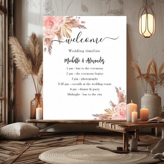 Poster Programa de casamento floral rosa de grama das pam (Criador carregado)