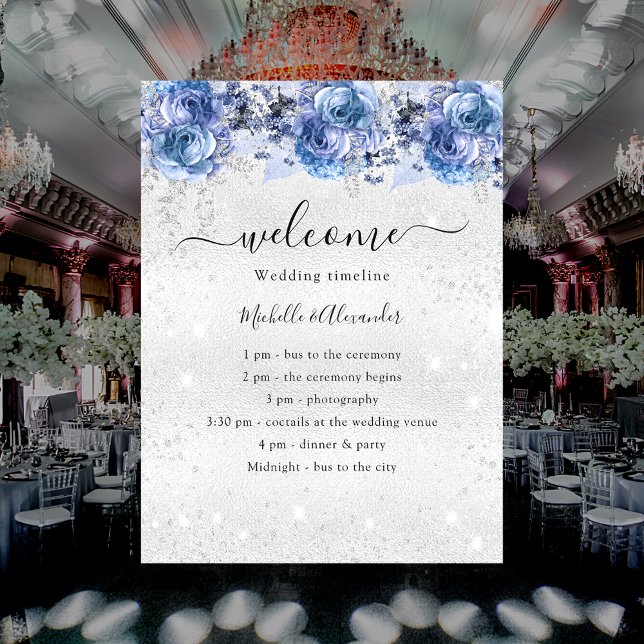 Poster Programa de casamento Silver Blue Flores (Criador carregado)