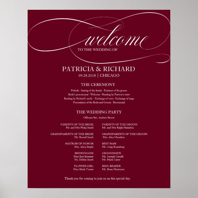 Poster Programa de Cerimônia de Casamento Burgundy Marsal (Frente)