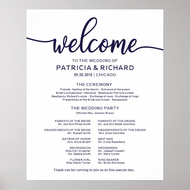 Poster Programa de Cerimônia de Casamento Chic Azul-Navy (Frente)