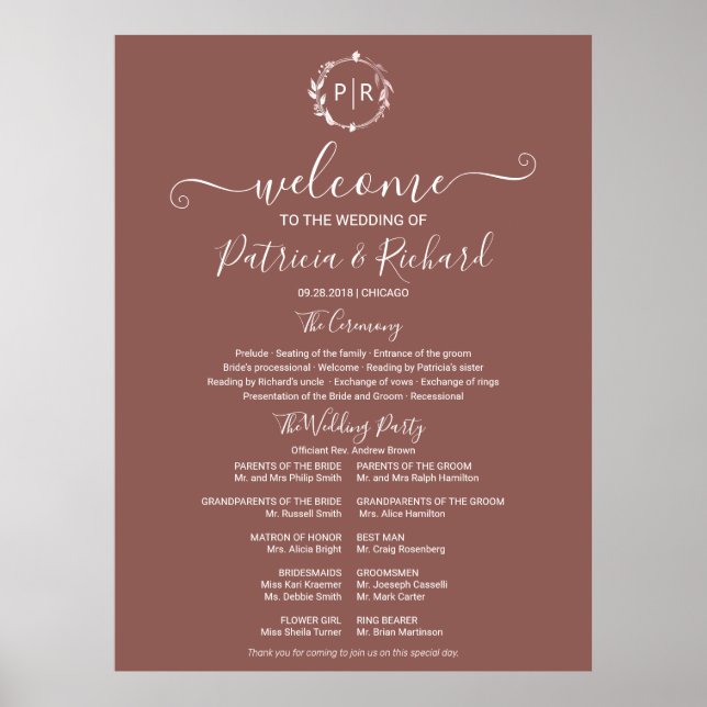 Poster Programa de Cerimônia de Casamento com Monograma (Frente)