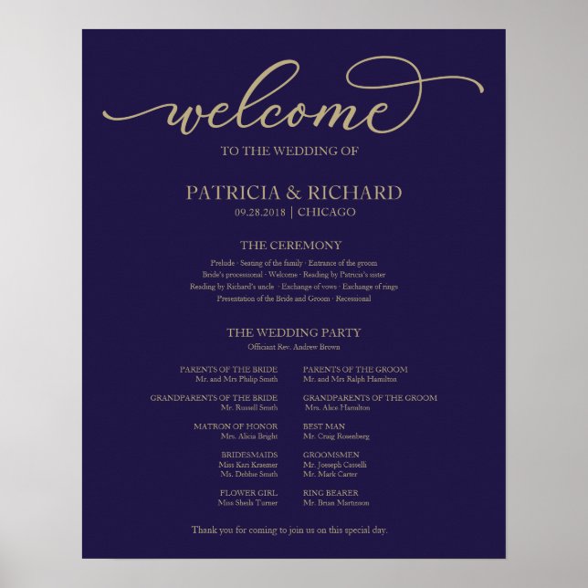 Poster Programa de Cerimônia de Casamento Dourado Escrito (Frente)