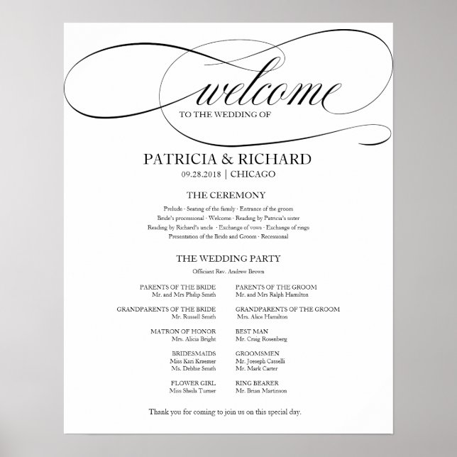 Poster Programa de Cerimônia de Casamento Elegante Roteir (Frente)