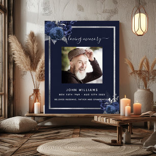 Poster Programa de funeral com flores azul-marinho e foto