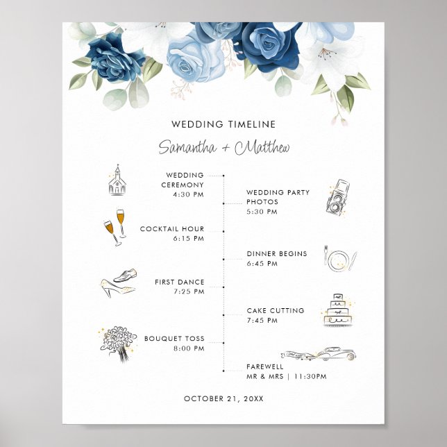 Poster Programa de Itinerário de Casamento Moderno Floral (Frente)
