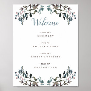 Poster Programa floral azul branco do casamento da crista