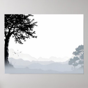 Poster projeto de paisagem estilo japonês em preto e bran