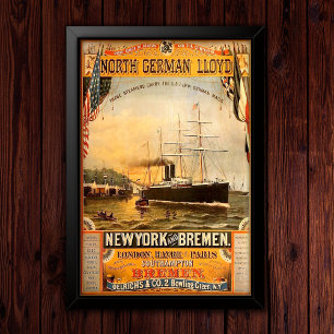 Poster Propaganda de Viagens de Navio a Vapor Antigo
