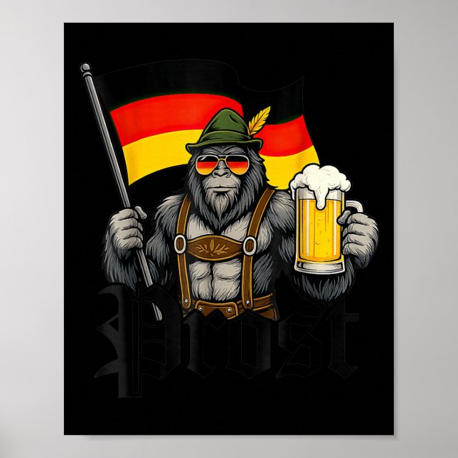 Poster Prost Bigfoot Drinking Beer Lederhosen German  (Frente)
