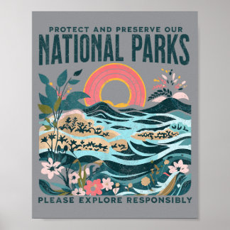 Poster Proteger Parques Nacionais Florais Natureza Retro