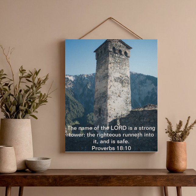 Poster Proverbios 18 Torre Forte Arte de Parede da Bíblia (Proverbs 18 Strong Tower KJV Bible Verse Wall Art)