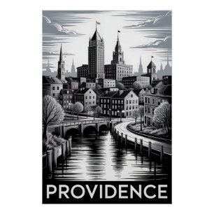 Pôster Providence Rhode Island Preto Branco Xilogravura