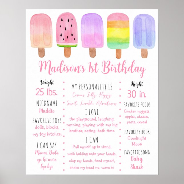 Poster Psicle Pink Girl First Birday Milestone (Frente)