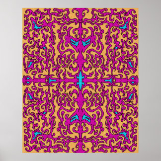 Poster Psicodélica Neon Rosa Barroco Flourish Patterno