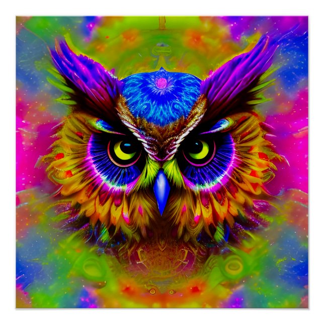 Pôster Psychedelic Hippie Groovy Owl (Frente)