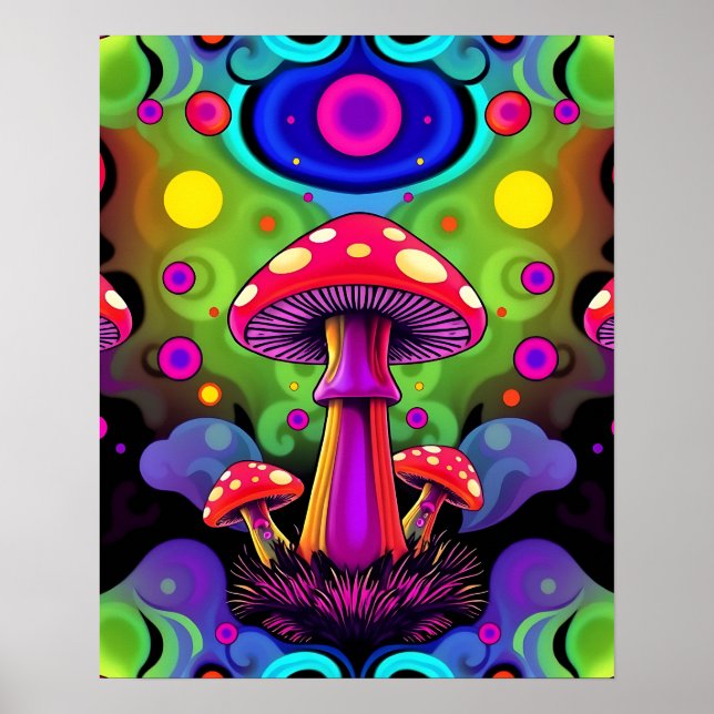 Poster Psychedelic Vibrant Colorful Retro Mushrooms (Frente)