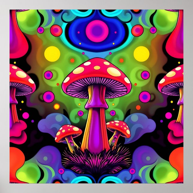 Poster Psychedelic Vibrant Colorful Retro Mushrooms (Frente)