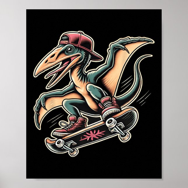 Poster Pterodáctilo Dinossauro Cartoon Radical Skateboard (Frente)
