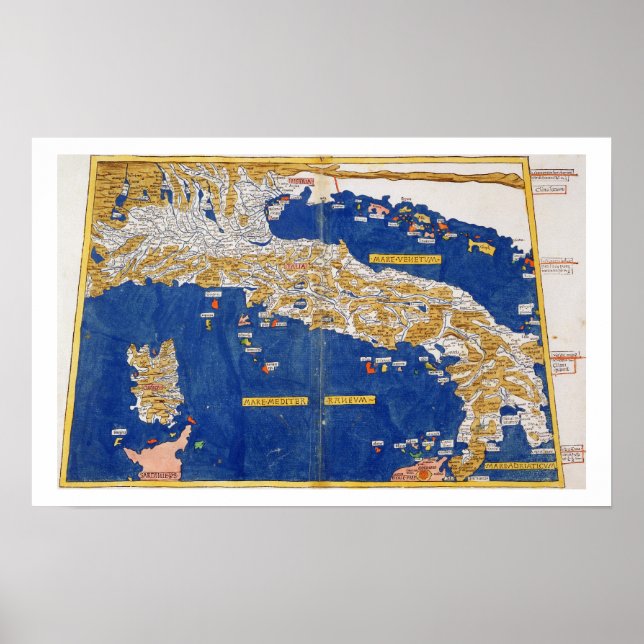 Pôster Ptolemaic Map of Italy, 1482 (coloured litho) (Frente)