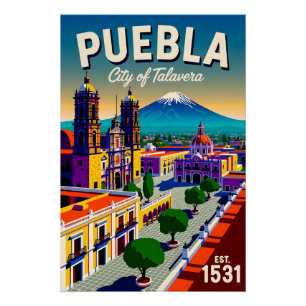 Pôster Puebla Antiga Cidade do México Talavera Retro