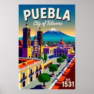 Poster Puebla Antiga Cidade do México Talavera Retro