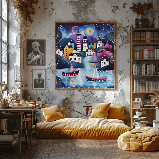 Pôster Pueblo Costero Nocturno: Paisaje Folk y Naive. (Criador carregado)