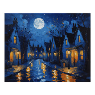 Pôster Pueblo de noche con luces