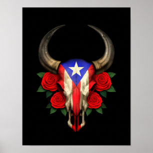 Poster Puerto Rico Flag Bull Skull com Rosas vermelhas