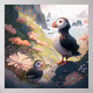 Poster Puffin Bird Retrato Animal Pintura de animais