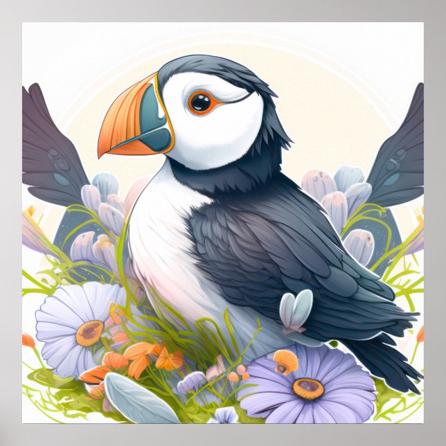 Poster Puffin Bird Retrato Animal Pintura de animais (Frente)