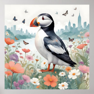 Poster Puffin Vintage Animal Nature Environment Decor Art