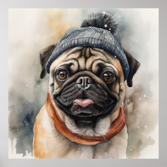 Poster Pug adorável vestindo beanie fofa (Frente)