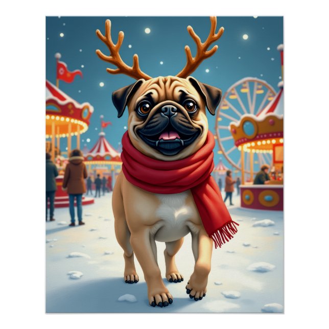 Pôster Pug at the Winter Fairgrounds Christmas Painting (Frente)