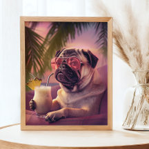 Pug Bebendo Cocktail Retrato de Verão