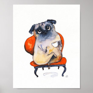 Poster Pug Bonito com Taça de Chá sobre Almofadas de Cach