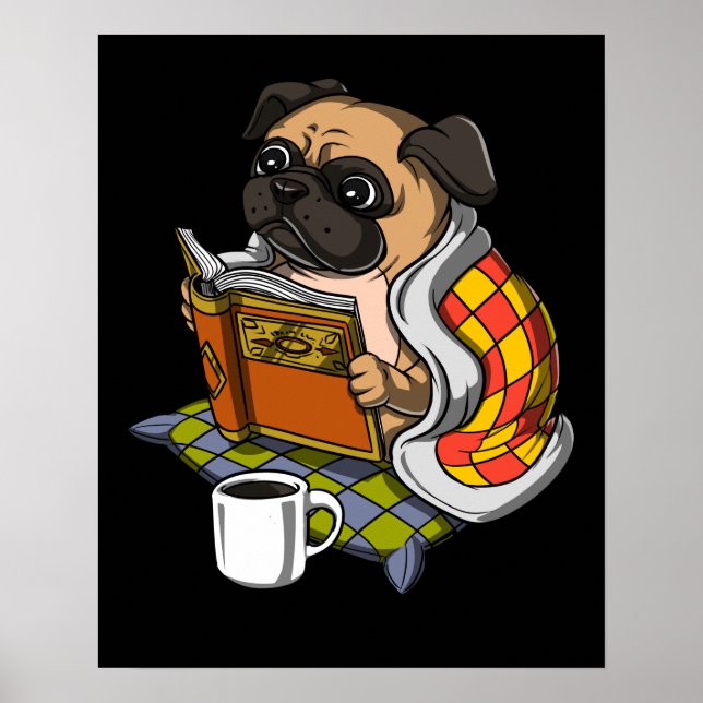 Poster Pug Book Lendo Pet Cachorro do Pão (Frente)