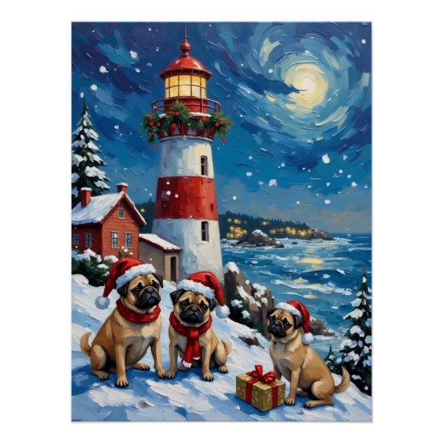 Pôster Pug Christmas Lighthouse Holiday (Frente)