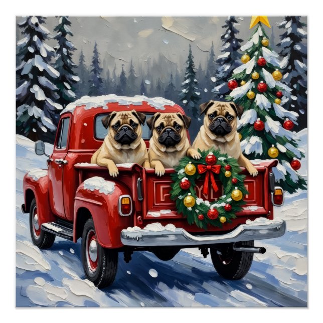 Pôster Pug Christmas Red Truck Holiday (Frente)