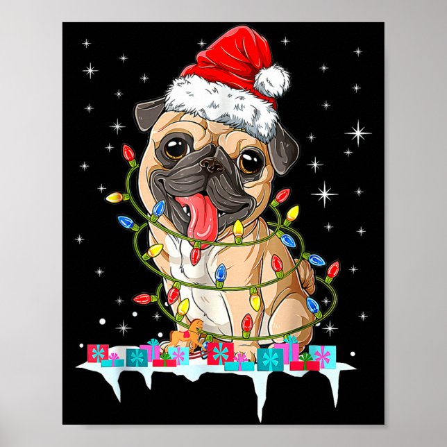 Poster Pug Christmas Tree Lights Santa Dog Xmas  (Frente)