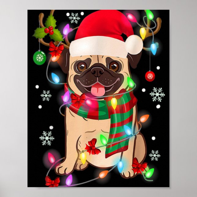 Poster Pug Christmas Tree Lights Santa Dog Xmas Boys Pugm (Frente)