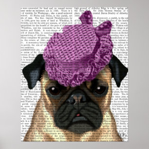 Poster Pug com chapéu roxo de safra